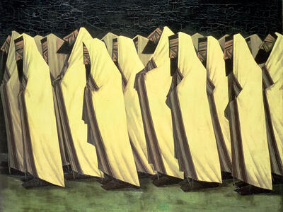 Oil painting of angular figures wearing prayer shawls in procession.