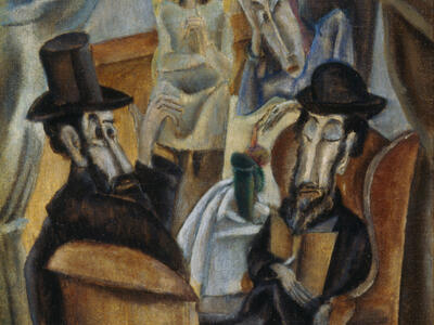 Painting of two male figures in hats sitting on chairs opposite one another in foreground and two women sitting in the background.