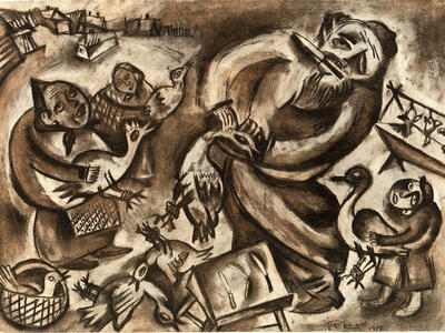Drawing of two women, a man, and child grabbing birds next to table with knives and village in background.