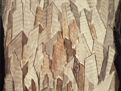 Watercolor of stacked skyscrapers.