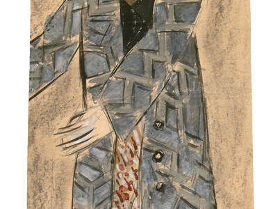 Costume Design (Bearded Male) for Peretz’s At Night in the Old Marketplace Painting and drawing of bearded man wearing a hat, checkered jacket, and skirt-like garment around legs.