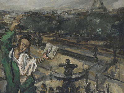Painting of man with one arm raised in the air and the other holding a prayer book, with arms and head wrapped in phylacteries, and the Eiffel Tower in the distance.