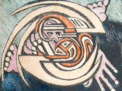 Painting of abstract feet and hands in swirling design shape.