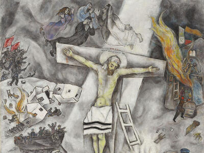 Painting of Jesus on the cross wearing a prayer shawl surrounded by mourning angels and figures holding Torah scrolls.