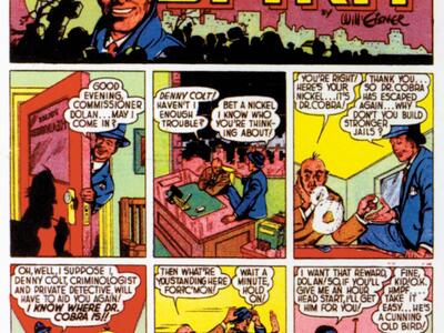 Newstrip comic with two rows of headings across the top, and two rows of three comic panels each with image and English text in bubbles, featuring man in suit speaking to another man in an office.