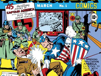 Comic cover featuring superhero in American patriotic outfit punching Hitler in the face, surrounded by papers depicting invasions, a TV screen, and fascist soldiers with weapons; heading in English across the top. 