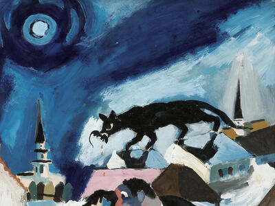 Painting of fearful father, mother, and two children in the foreground outside of city buildings, and large cat with a rat in its mouth on top of the buildings in the background.