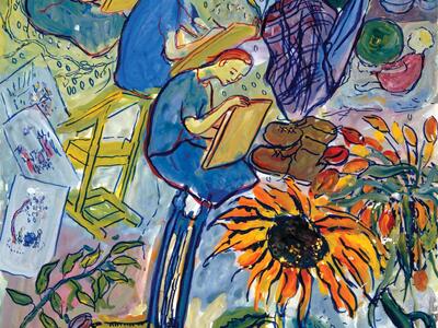 Gouache from Leben? Oder Theater?: Ein Singspiel (Life? or Theater? An Operetta), #4351 Abstract painting of three women drawing, surrounded by flowers, easels, a chair, garments, and other objects.