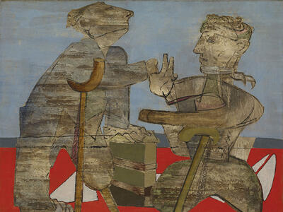 Painting of two mutilated soldiers with crutches, one with no legs and the other with one leg.