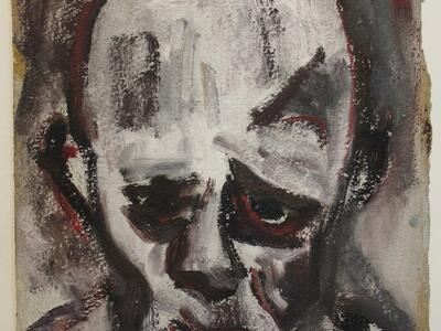 Portrait painting of a bald man, whose face looks gaunt and injured, looking at the viewer.