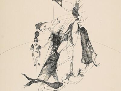 Abstract drawing of figures floating and dancing in a circular shape.