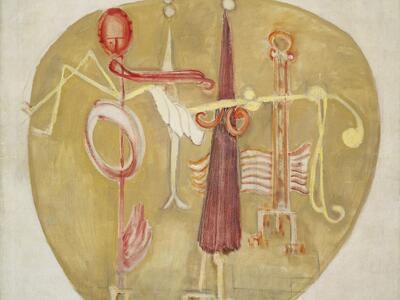 Oil and chalk on canvas depicting abstract figures.