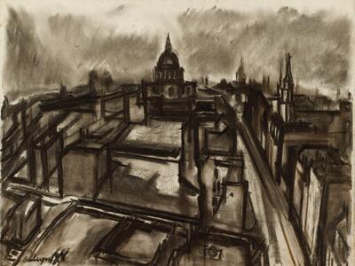 Sketch of bird's-eye view of a city. 
