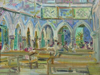 Painting depicting arches and pews inside of a synagogue. 