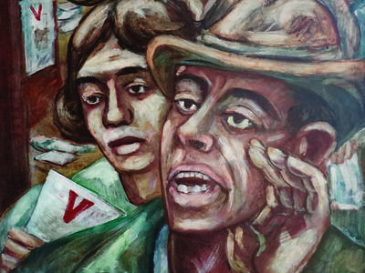 Painting of men and women calling out and waving leaflets with the letter "V" on them. 