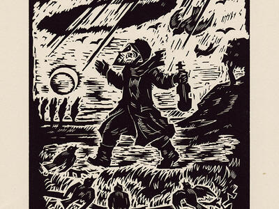 Woodblock print of man holding violin and walking through field. 