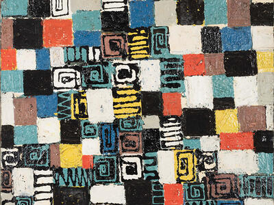 Abstract painting of grid with squares containing spirals, lines, and geometric designs.