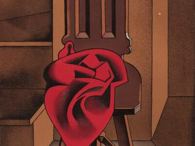 Lithograph featuring a chair in the center with an object with many folds on its seat, and a stairwell to the left.