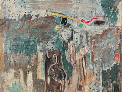 Abstract painting of figures and lines. 