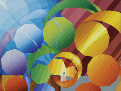 Abstract painting of circles in a spiral.