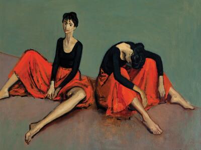 Painting of two female dancers in skirts seated with their knees slightly bent facing the viewer, one with head dropped and the other sitting up.