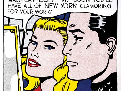 Pop art painting using Ben Day dots of man and woman's face in profile, looking at a canvas to the left with a large speech bubble over their heads. 