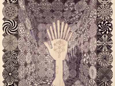 Drawing of a nine-fingered hand with a tree of ten circles on palm connected to a foot and centered in concave room covered in circular spiral motifs.