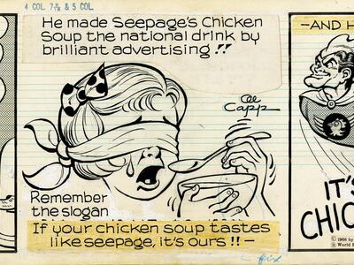 Three-panel comic with English text above or below images, featuring disgruntled elderly man in profile in the far left panel, young crying girl blindfolded eating soup in center panel, and Superman-like figure soaring through the air in the right panel.