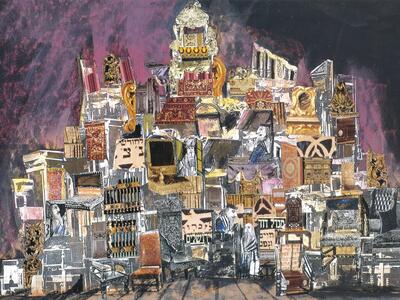 Illustration featuring tall stack of chairs made of different collage patterns, including Hebrew letters and faces, and traditional dining room chairs. 