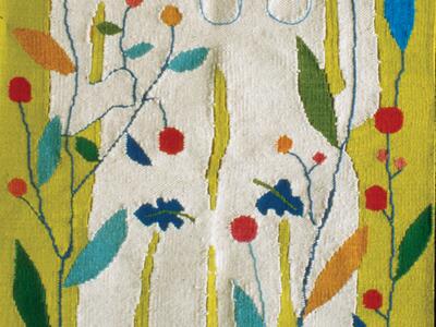 Abstract weaving depicting nude man and woman with long hair surrounded by plant life.