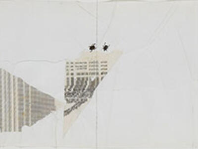 Mixed media collage and painting with a figure aiming a gun on the far left, a figure standing near hieroglyphs and triangular shapes in the middle, written notes on the far right, and other objects placed nearby. 