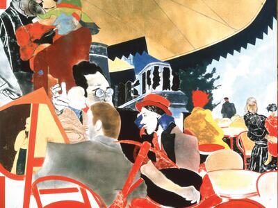Abstract painting depicting faces in a crowded city.