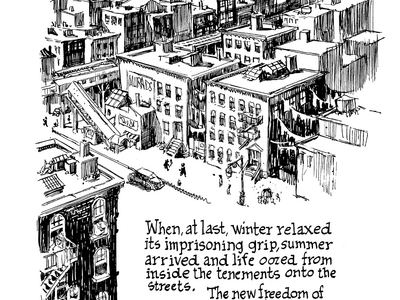 Comic book page with title across the top over bird's-eye view of city streets, and English text below about summer in tenements. 