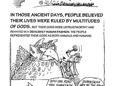 English text about Jewish history and pagan gods interspersed with images of a crowd of people on the horizon, someone chiseling an animal-head sculpture, and silhouetted figures talking. 