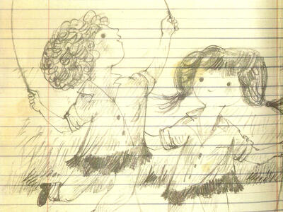 Drawing on lined paper of two children jumping rope. 