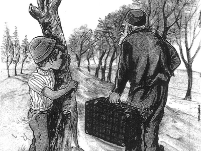 Drawing of small boy behind a tree watching a man walk away holding a large briefcase. 