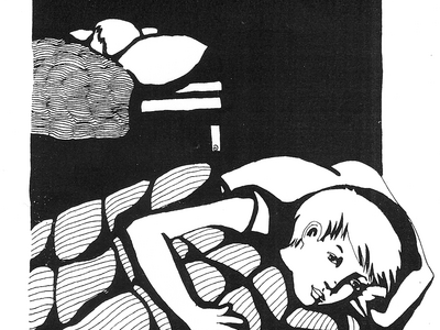 Drawing of someone in bed under the covers. 