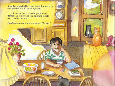 Painting of child sitting at a kitchen table filled with books and objects, with doorway with cats sitting on either side in the background, and English text above that describes the colors of nature. 