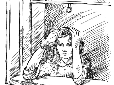 Drawing of a girl looking out an open window.