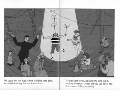 Drawing of figure in center balancing plates on sticks, as several people watch from benches.