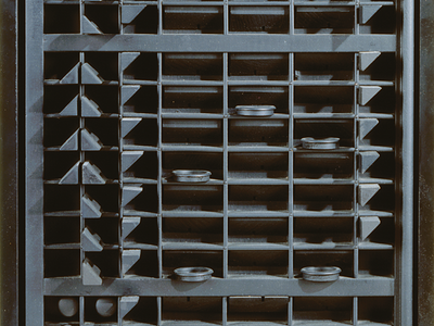 Abstract painted wood sculpture of a rectangle with a grid of small squares and rectangles inside containing triangles and circles.