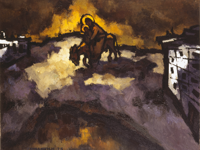 Abstract painting of two figures with halos riding a donkey with a building on either side.