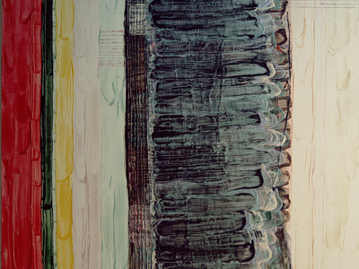 Abstract painting featuring thick vertical bands of color.