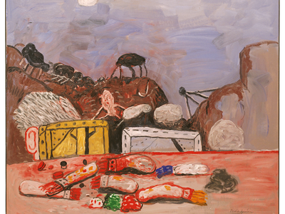 Abstract landscape painting featuring a face covered by a canvas behind a table covered with paintbrushes, with hills of barren landscape and geometric shapes in background.