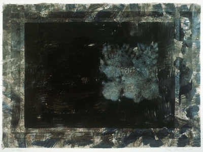 Painting with thick border of abstract flower with hand shapes and Hebrew word in its center.