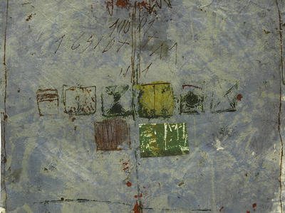 Abstract painting with nine squares in the center. 