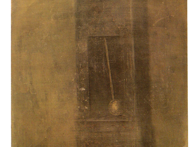 Painting of a grandfather clock with foggy foreground.