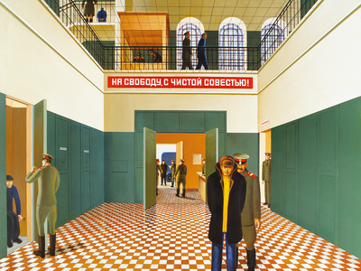 Ink and watercolor drawing depicting a man facing viewer with guard standing on checkerboard floor surrounded by prison cells, with one cell open showing a prisoner inside as a guard holds door, and a second floor also visible with a guard room, men walking, and open fencing around the perimeter. 