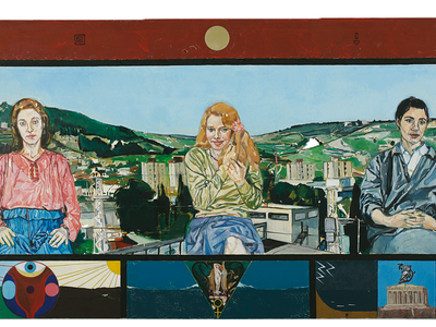 Painting depicting three women seated with buildings and hills behind them, above small set of images including cows and two suns on either side of an eye on left, a woman in triangle surrounded by snakes in center, and a building ruin with owl on right.