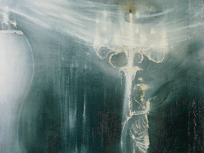 Painting featuring human figure next to candelabra. 
